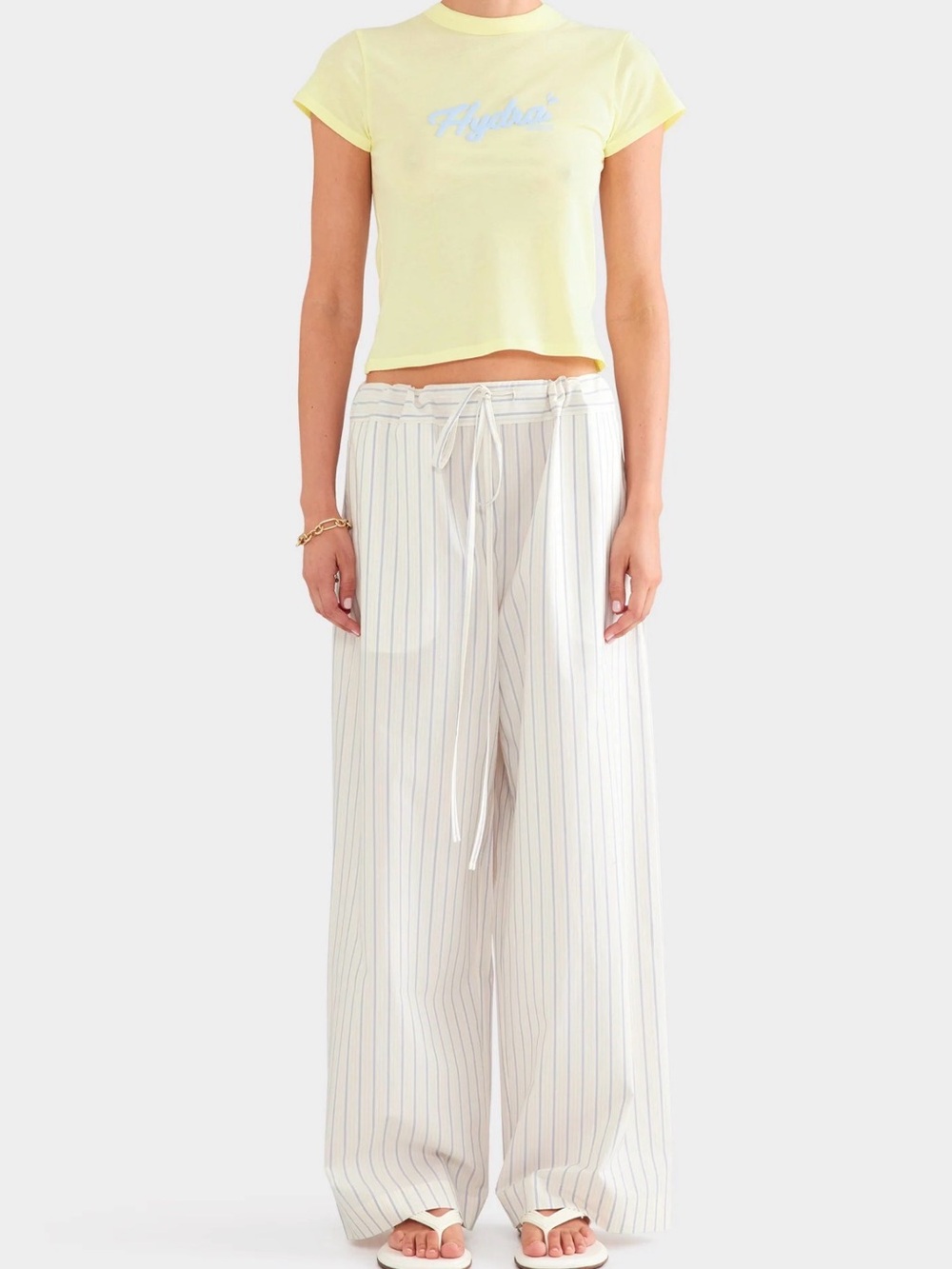 Venroy White Paperbag Pinstripe Wide-Leg Drawstring Pants